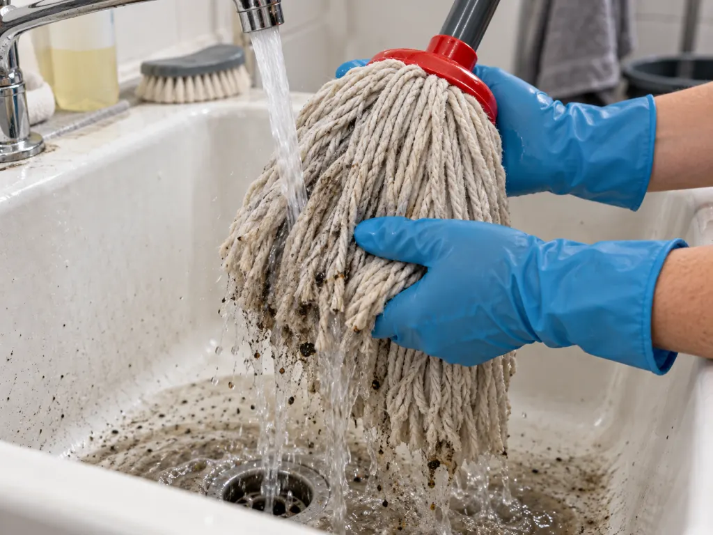 A gloved person rinses visible dirt from a mop head under running water.