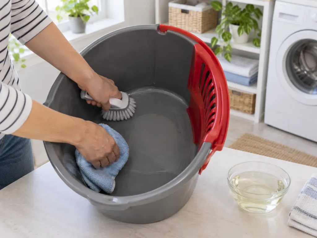 A mop bucket is scrubbed clean with a brush and cloth beside a vinegar solution.
