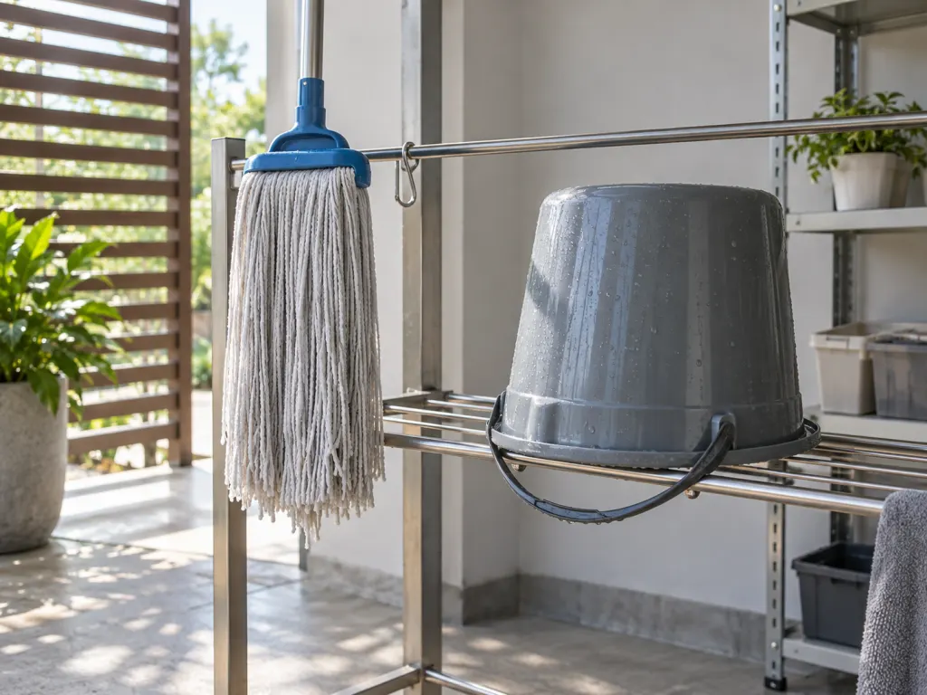 A rinsed mop hangs to dry while a clean bucket drains upside down on a rack.
