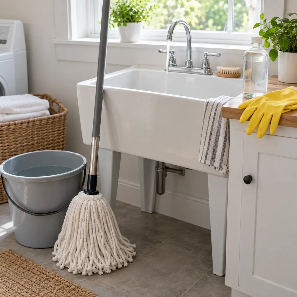 A clean mop, bucket, vinegar bottle, gloves, and rinse water arranged in a utility sink area.