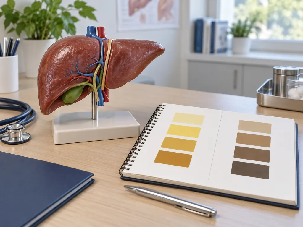 Desk scene with a liver model and plain color blocks suggesting changes to track.