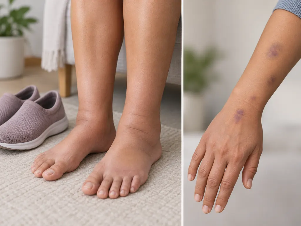 Educational illustration of ankle swelling and small bruises as possible health clues.