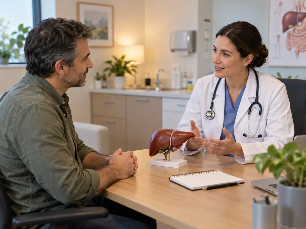 Patient and clinician discussing symptoms beside a liver anatomy model.