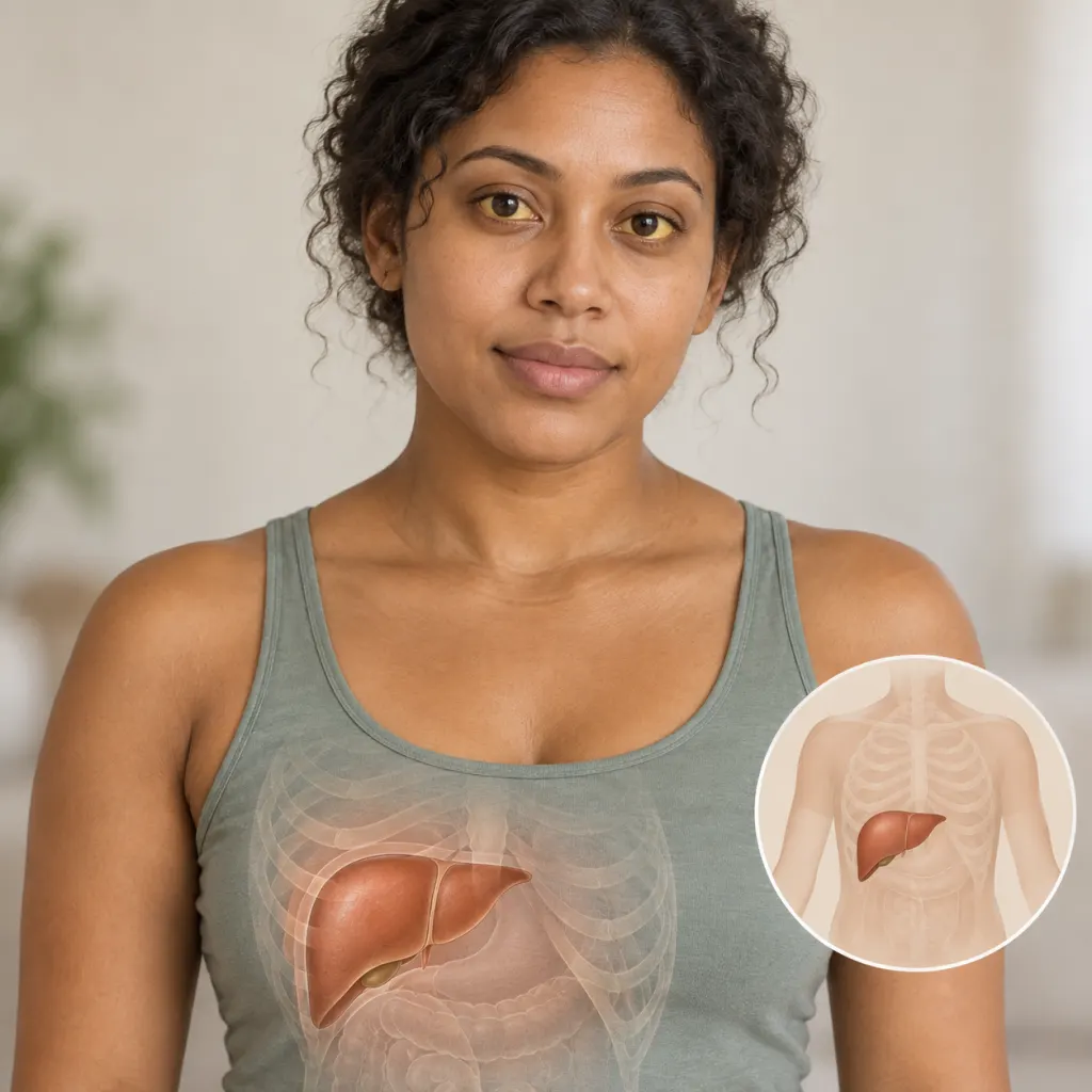Educational illustration of subtle eye yellowing and liver location on an adult torso.