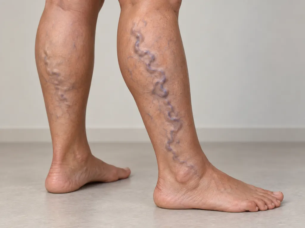 Illustration of varicose veins on the lower leg showing enlarged, twisted vessels beneath the skin