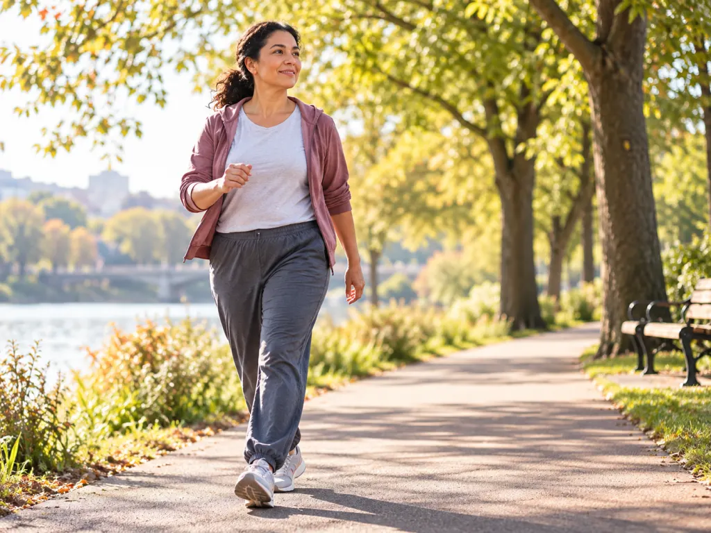 Person walking outdoors in natural daylight representing regular physical activity for vein health