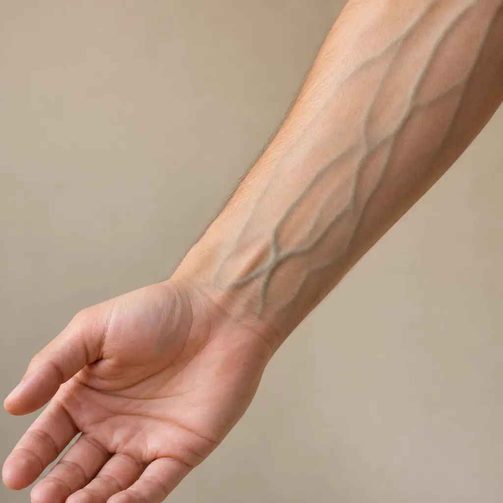 Illustration of a forearm and hand showing visible superficial veins beneath healthy skin