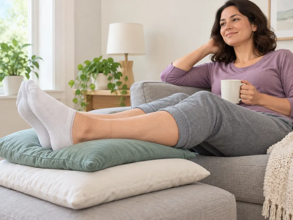 Lower legs elevated on pillows with mild ankle puffiness in a quiet living room.
