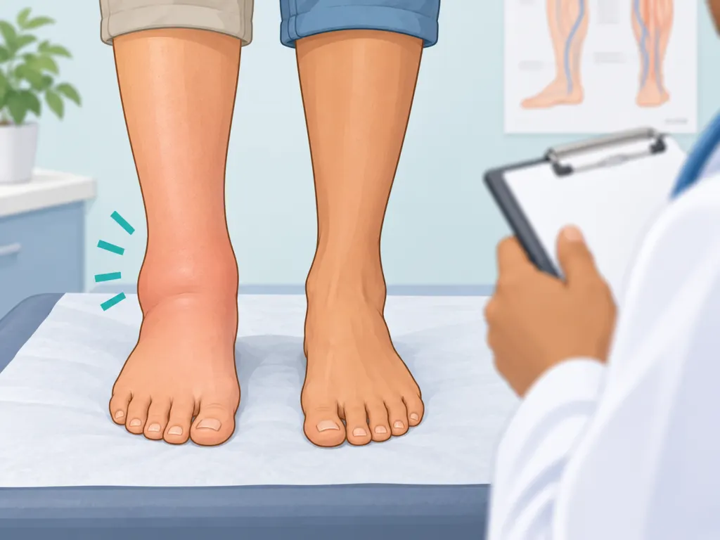 A calm illustration comparing a mildly swollen ankle with a normal ankle during a clinical evaluation.