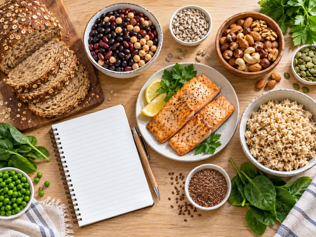 Thiamin-rich foods arranged on a kitchen table beside a blank symptom-tracking notebook.