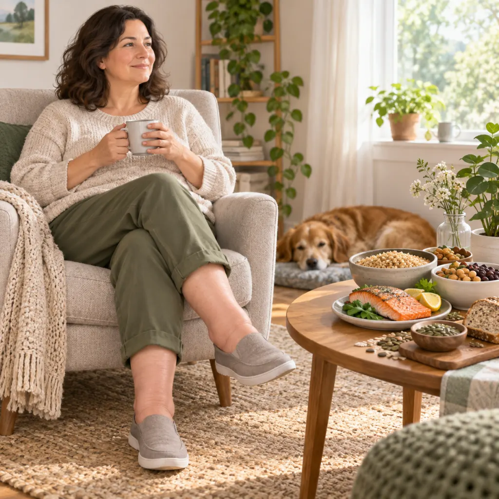 An adult seated near vitamin B1 food sources with mildly swollen ankles shown in a calm home setting.