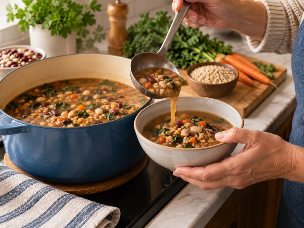Cooking liquid from beans and grains being added to a soup bowl in a home kitchen.