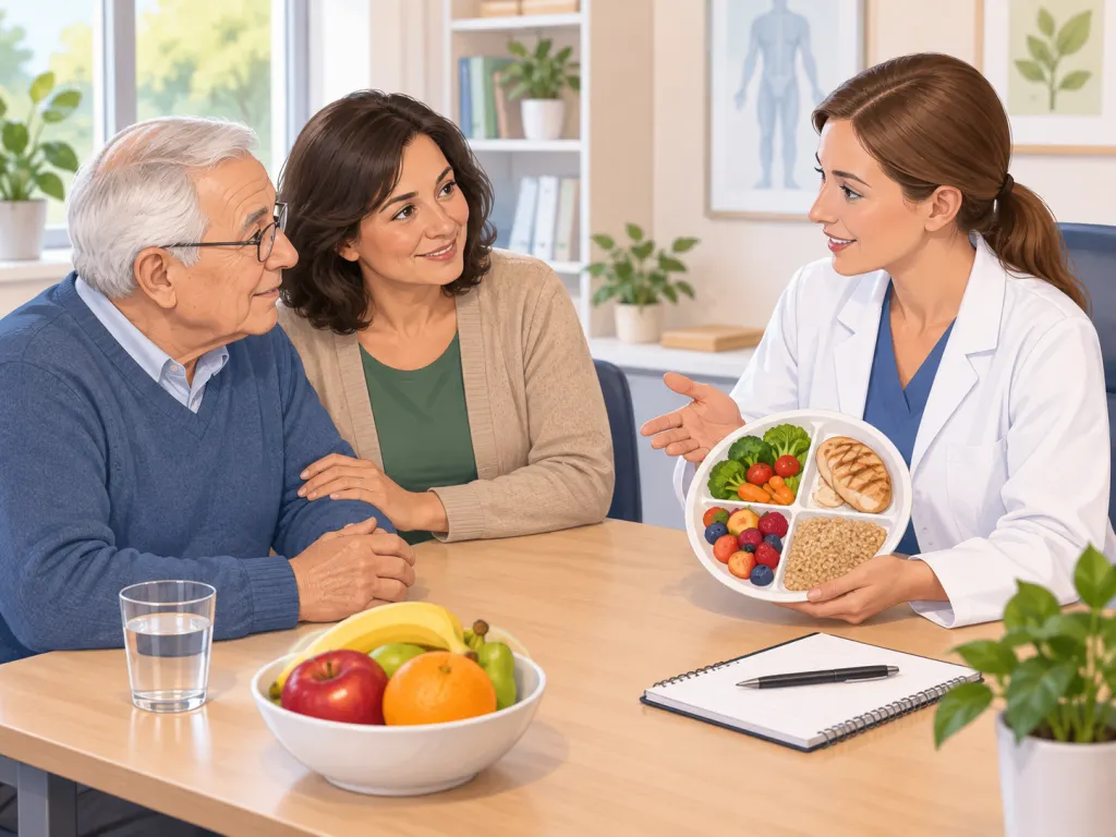 An older adult and caregiver discussing nutrition and memory concerns with a clinician.