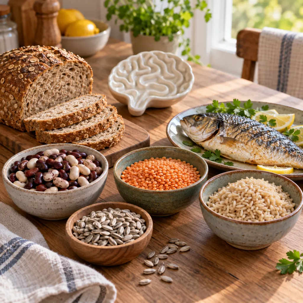 Vitamin B1 food sources arranged on a kitchen table with an abstract brain-shaped dish.