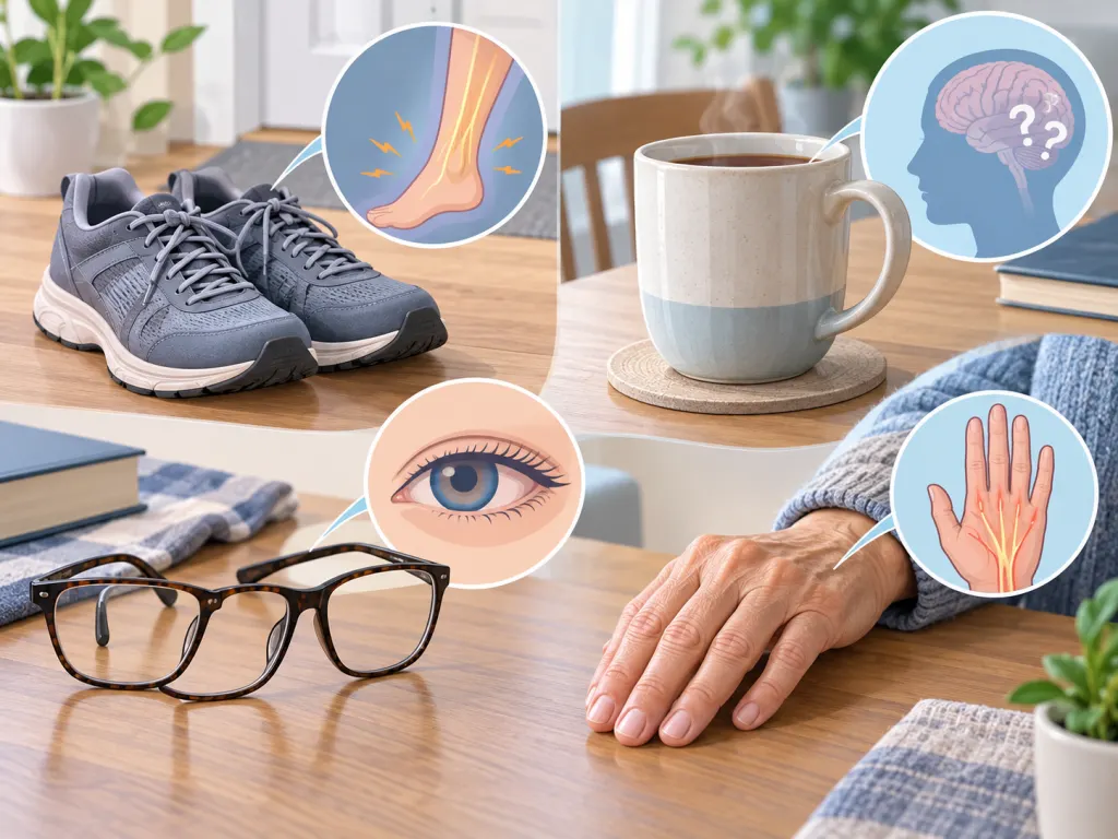 Everyday objects arranged to suggest fatigue, tingling, and balance concerns.