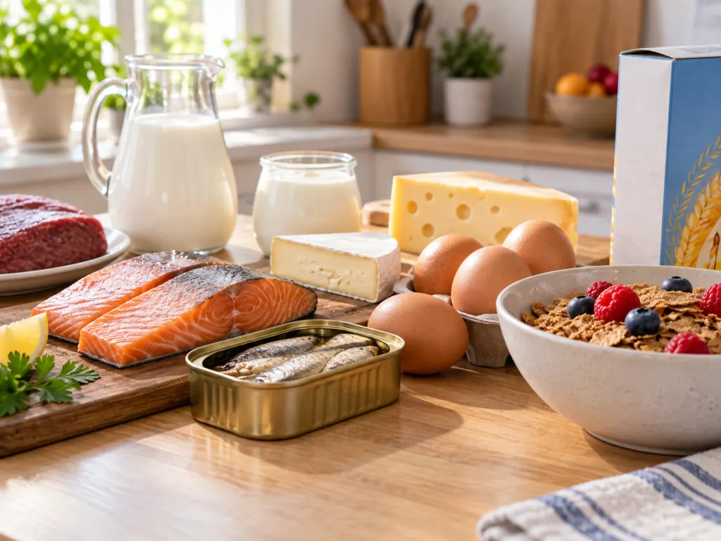 A kitchen table with several foods commonly associated with vitamin B12.