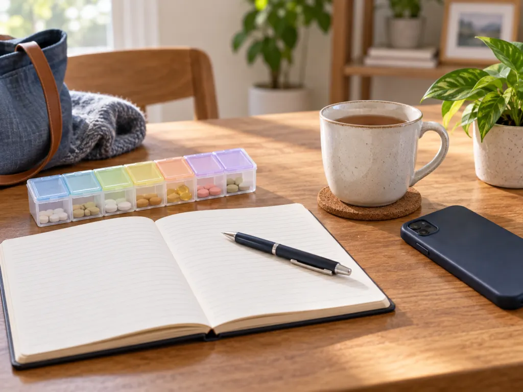 A blank notebook and pen prepared for writing health questions before an appointment.