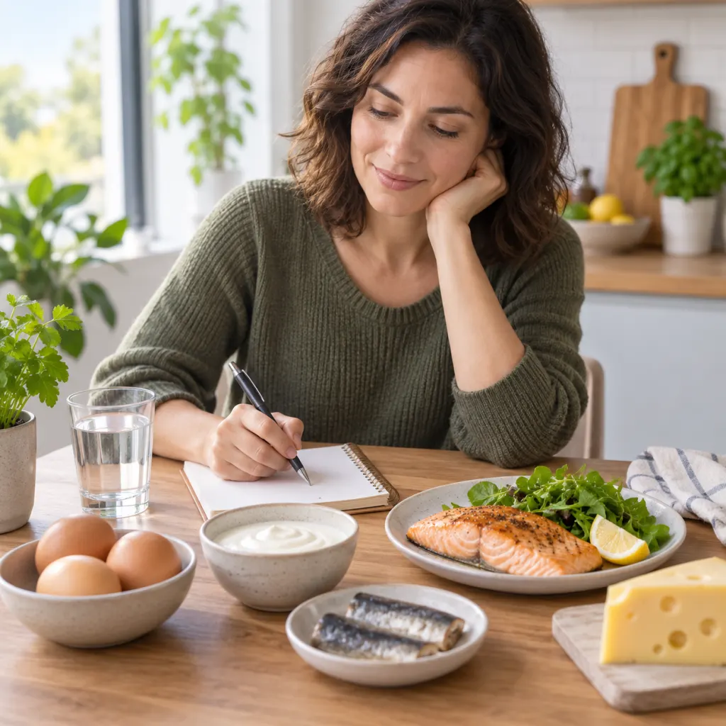 A calm kitchen scene with a notebook and foods associated with vitamin B12.