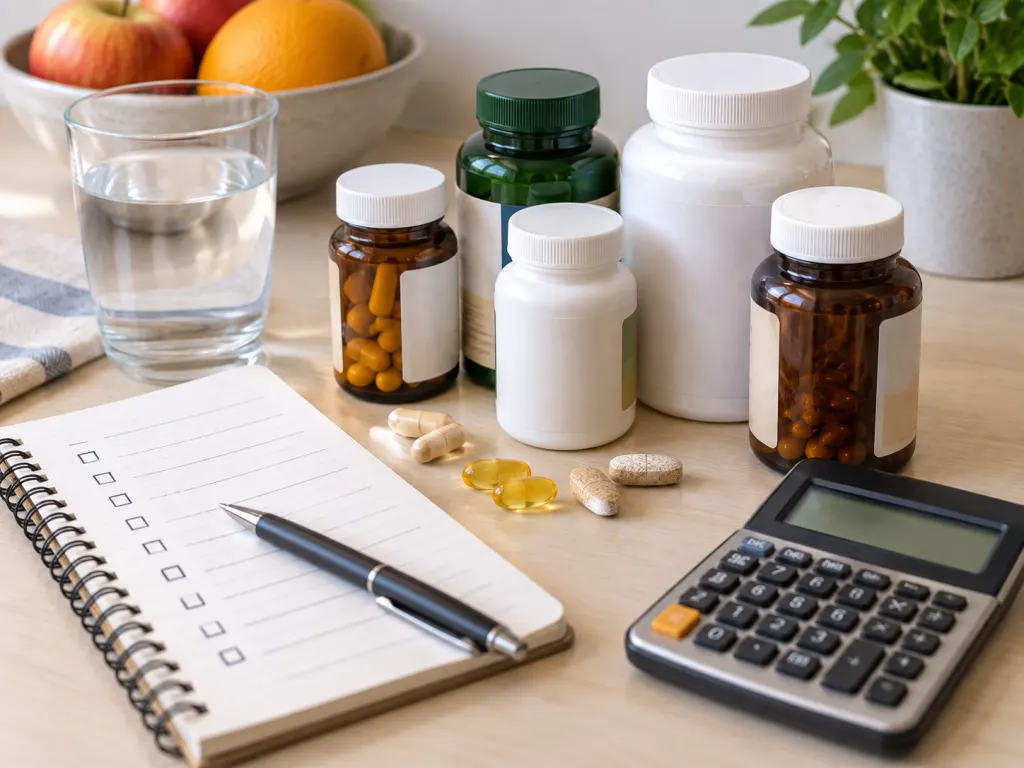 Supplement containers arranged beside a checklist and calculator for reviewing daily intake.
