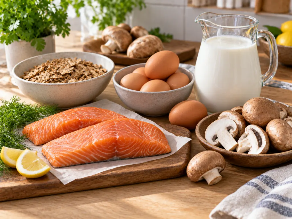 Vitamin D food sources including salmon, eggs, mushrooms, milk, and cereal on a kitchen table.
