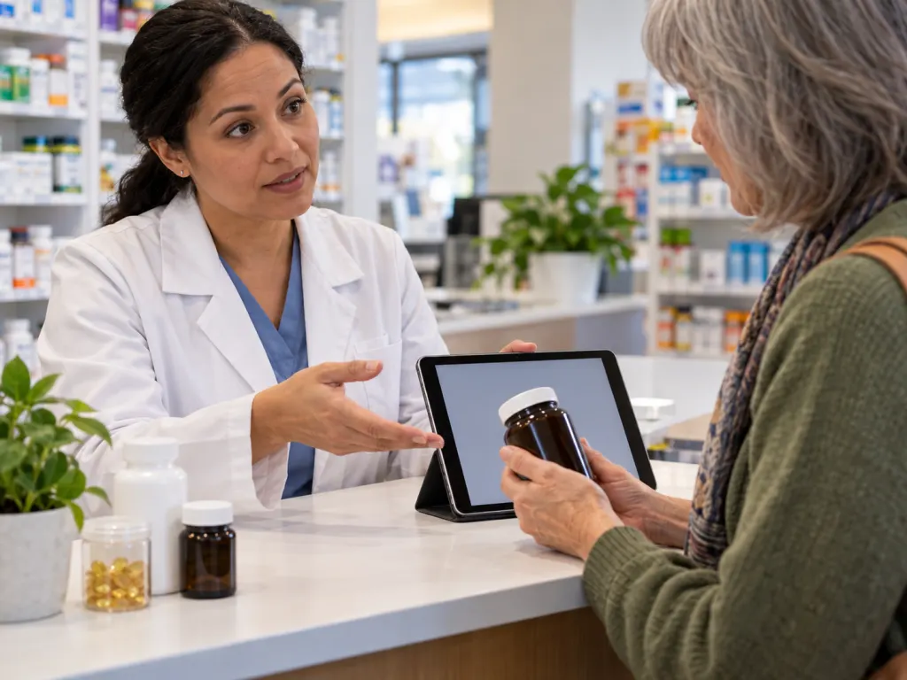 A pharmacist and customer reviewing a supplement bottle together at a pharmacy counter.
