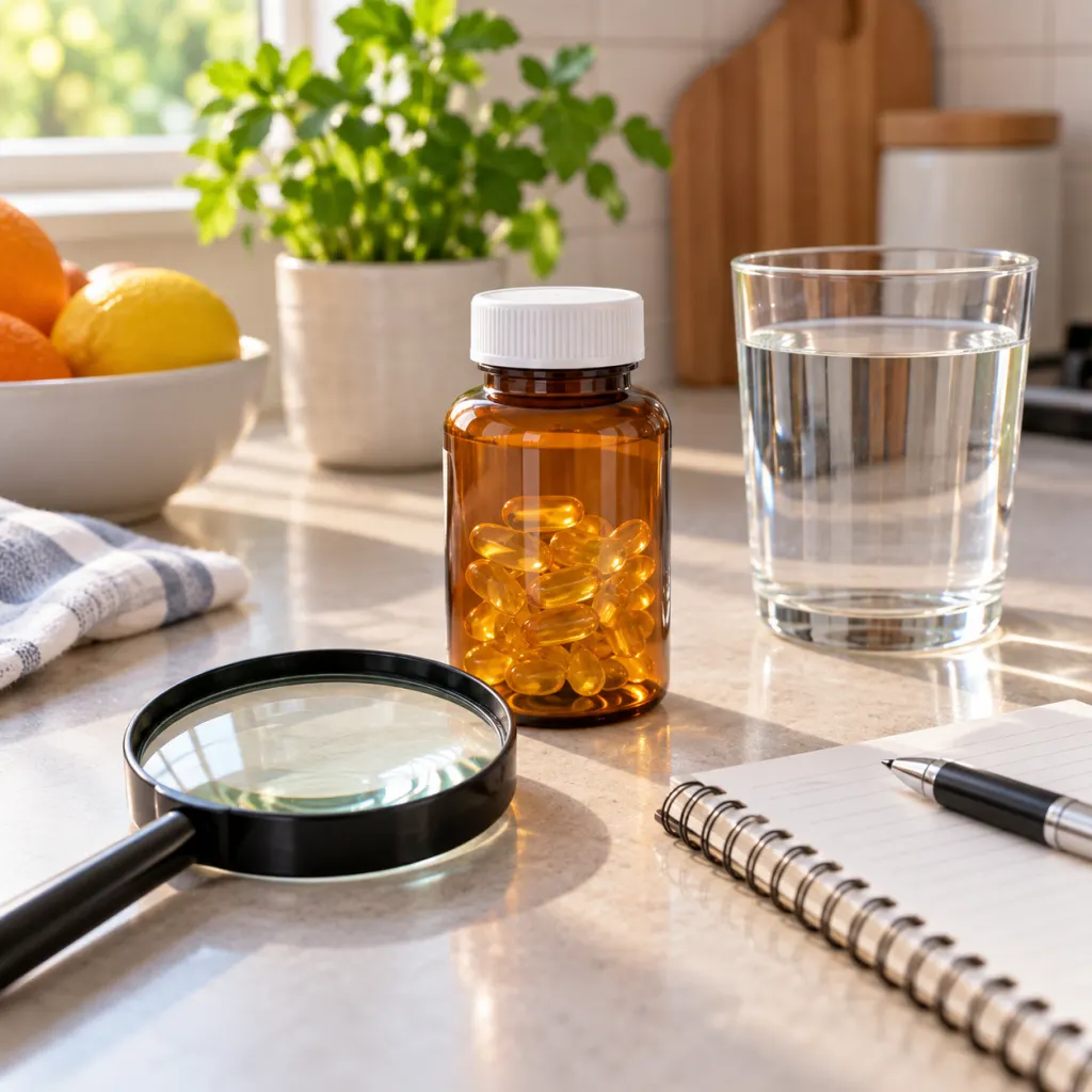 A supplement bottle, magnifying glass, notepad, and water glass arranged on a kitchen counter.