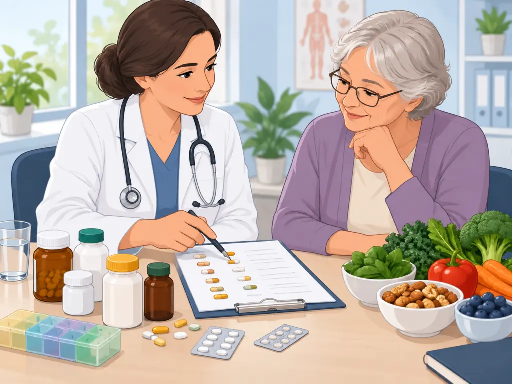 A clinician and older adult reviewing medicines, supplements, and diet patterns