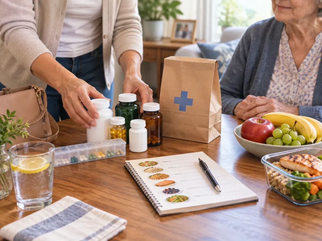 A caregiver organizing supplements and meal notes before a medical appointment