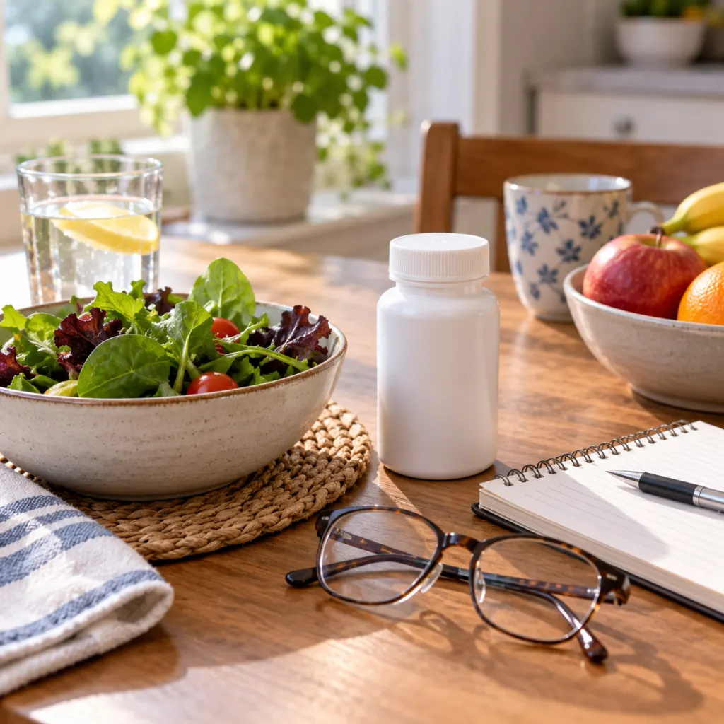 Leafy greens, supplements, and a medication notebook on a senior's kitchen table
