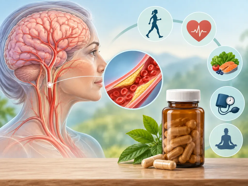 Educational illustration of a brain, blood vessels, and a supplement bottle silhouette.