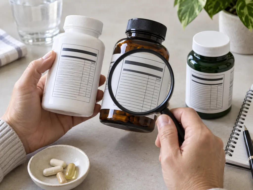 Hands compare several supplement bottles with a magnifying glass nearby.
