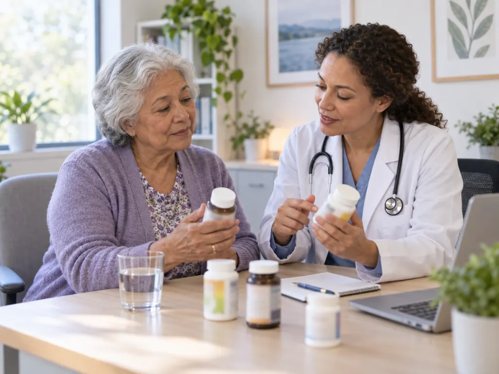 An older adult and clinician review supplement bottles together at a desk.