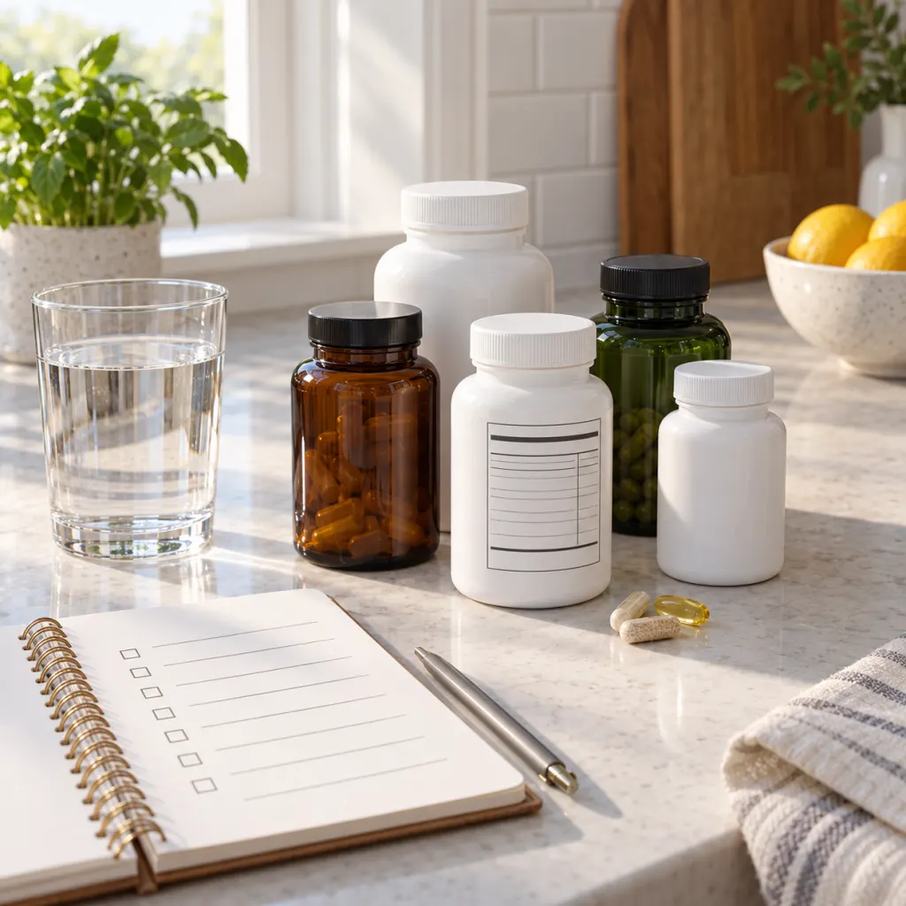 Supplement bottles, a checklist, and a glass of water on a kitchen counter.