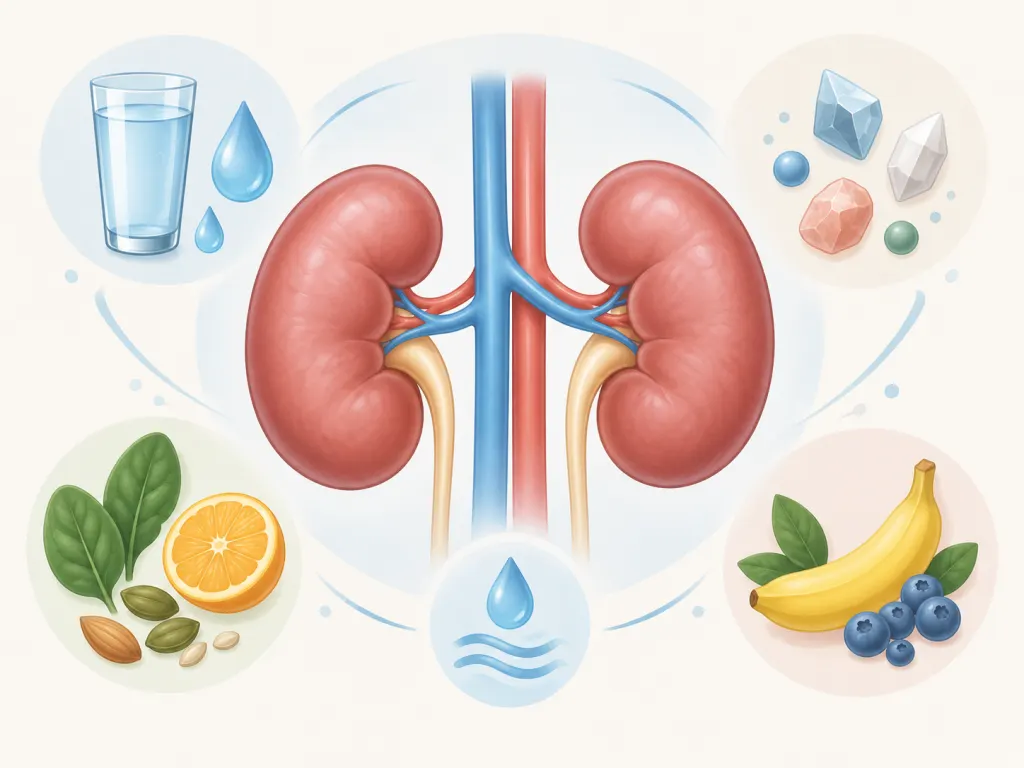 An educational illustration of kidneys with simple symbols for fluid and mineral balance.