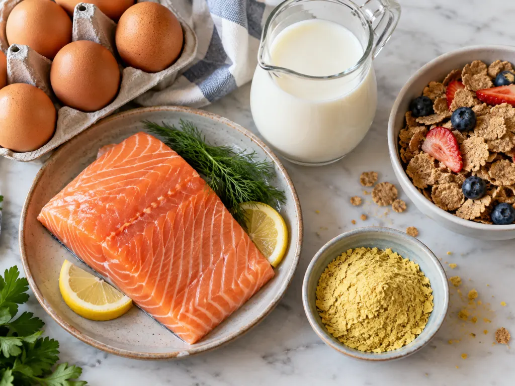 An overhead view of foods that can contribute vitamin D and B12.