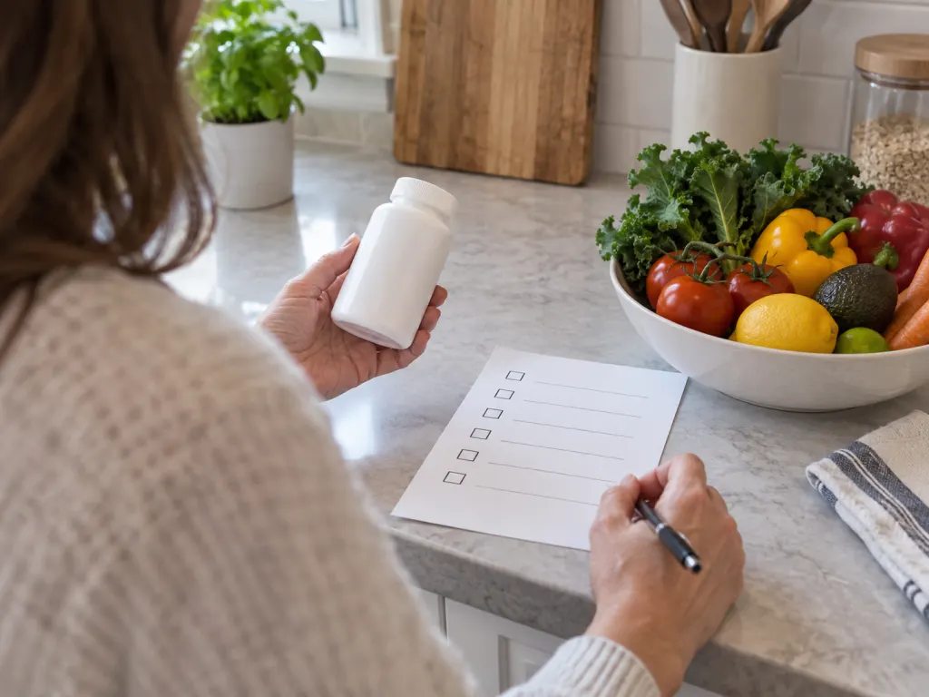 A person reviews an unlabeled supplement bottle beside produce and a blank checklist.