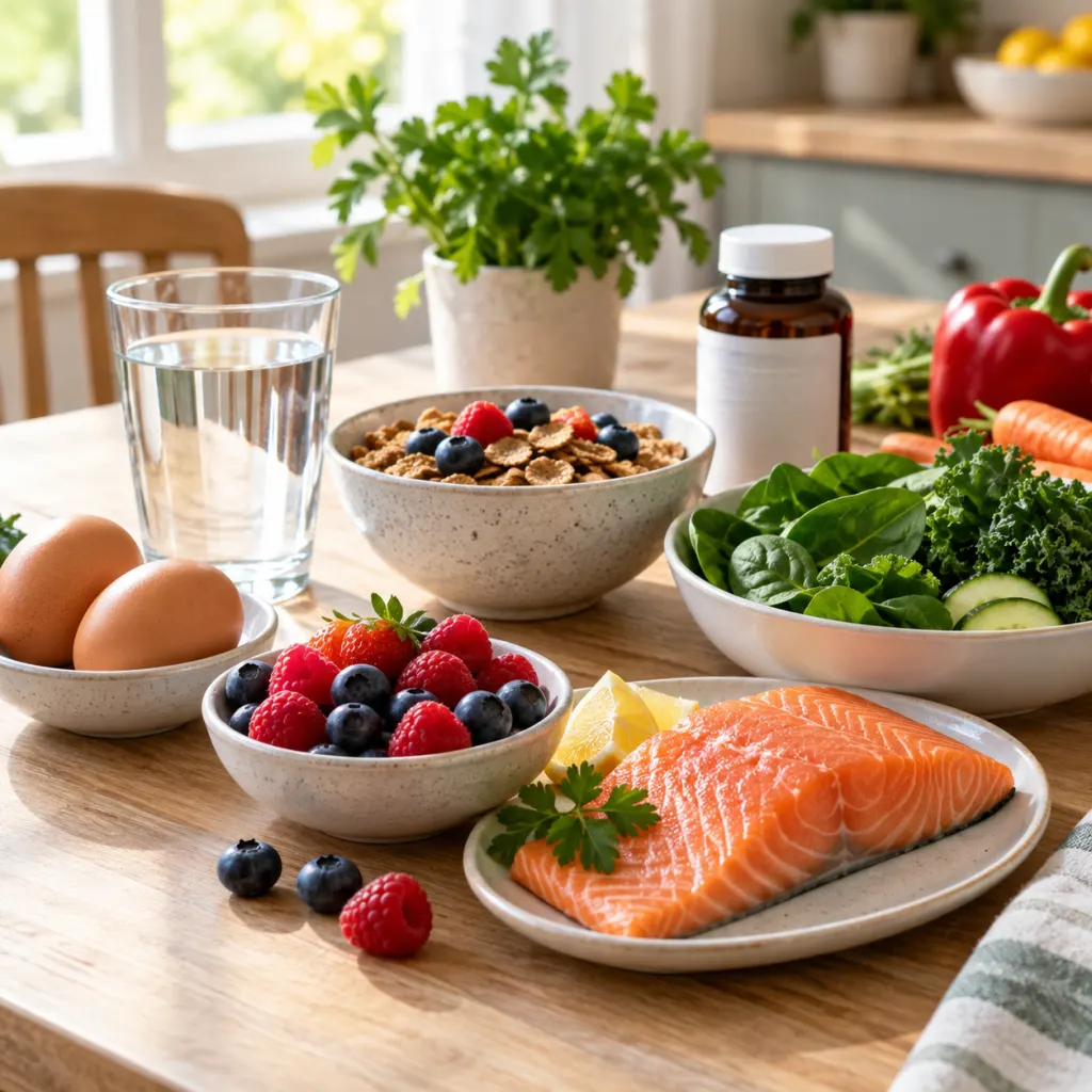 A calm kitchen table with vitamin-rich foods, water, and an unlabeled supplement bottle.