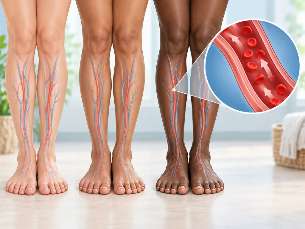 A calm illustration of lower legs and feet with simplified blood vessel pathways.