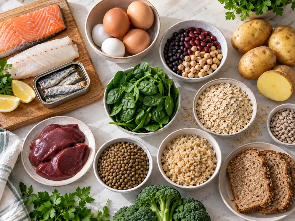 Vitamin B food sources arranged on a kitchen counter.