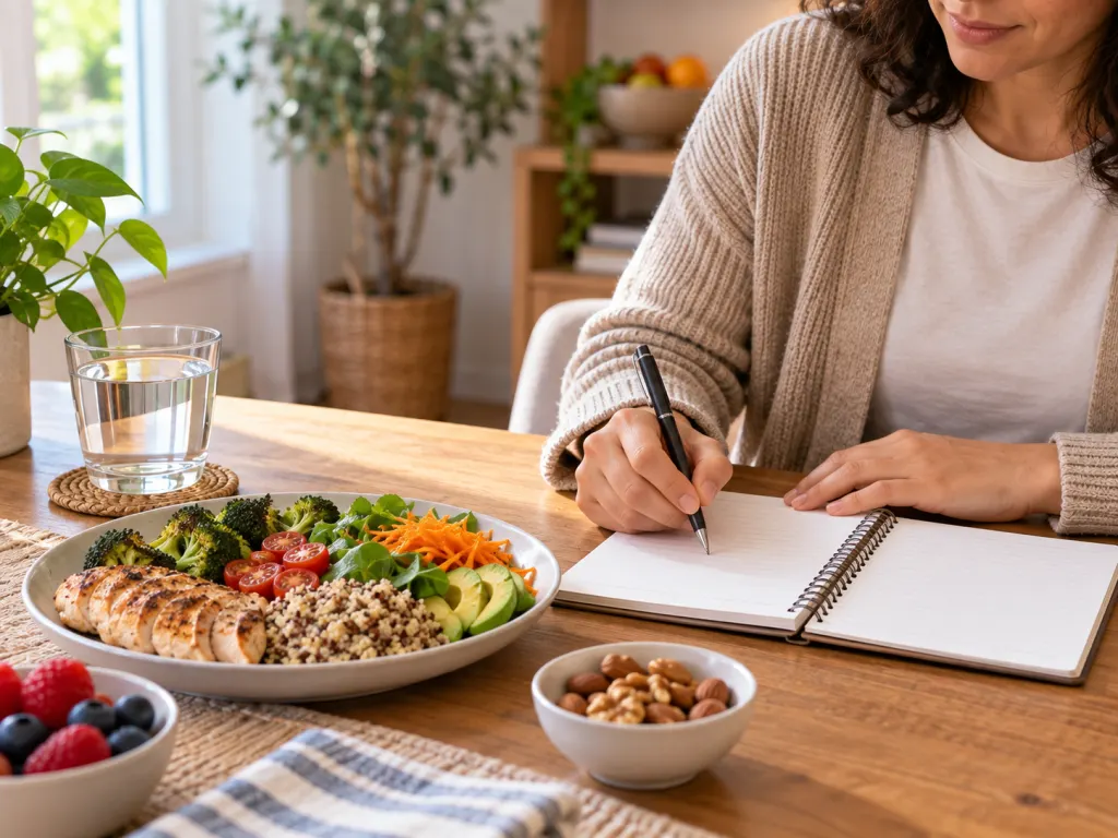 A person planning meals and noting health patterns beside a balanced plate.