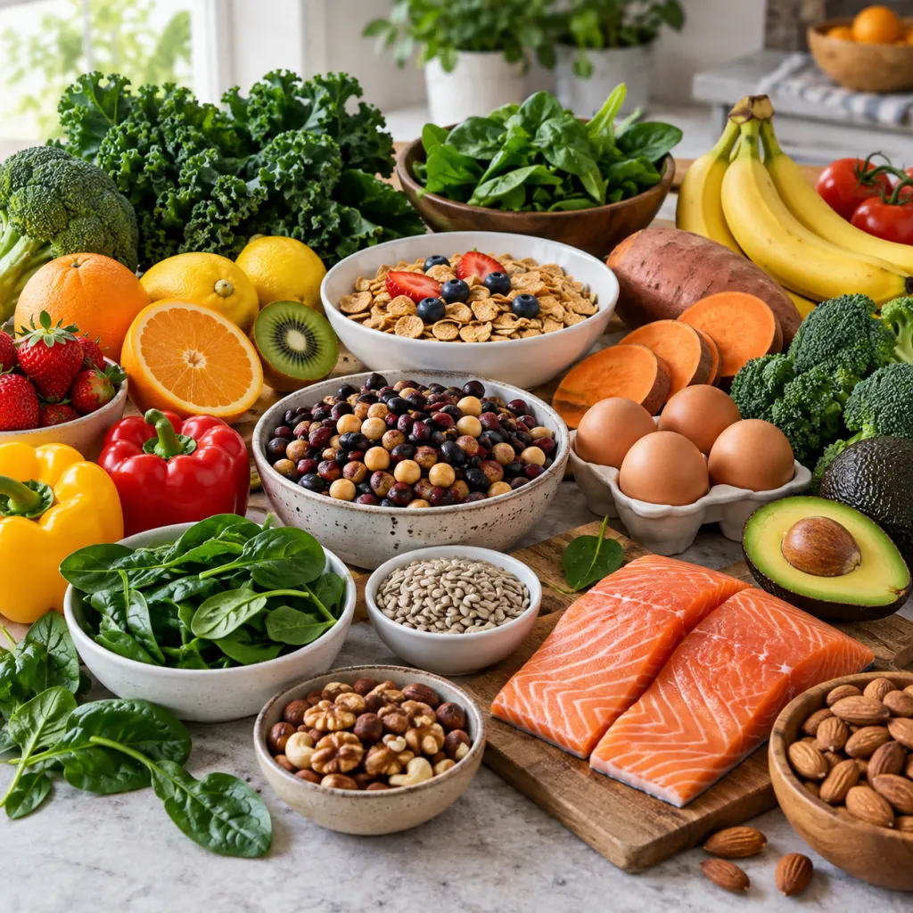 A balanced arrangement of vitamin-rich foods on a kitchen table.