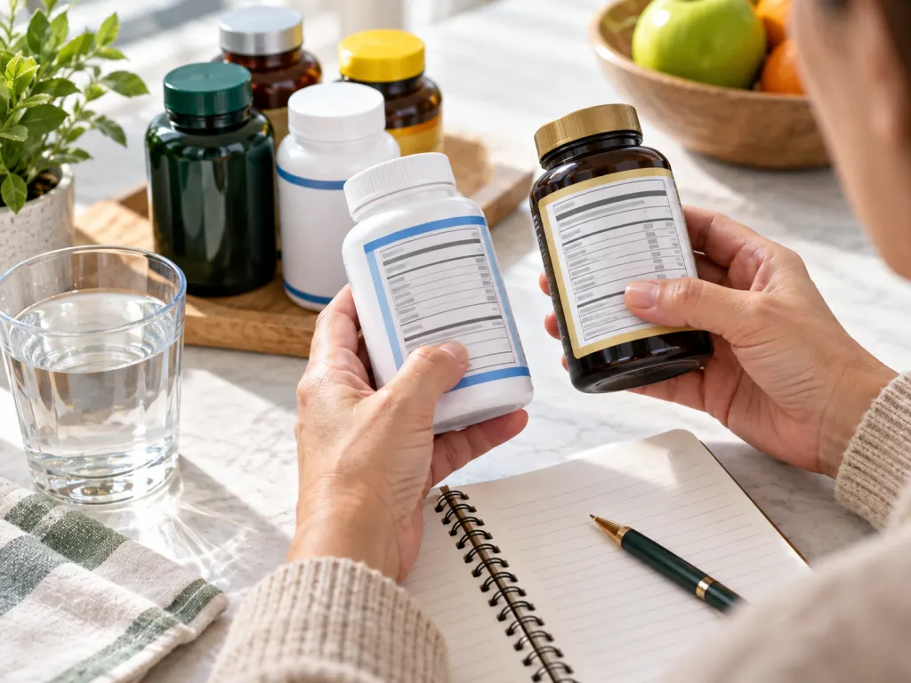 A person compares supplement labels beside an organized notebook.