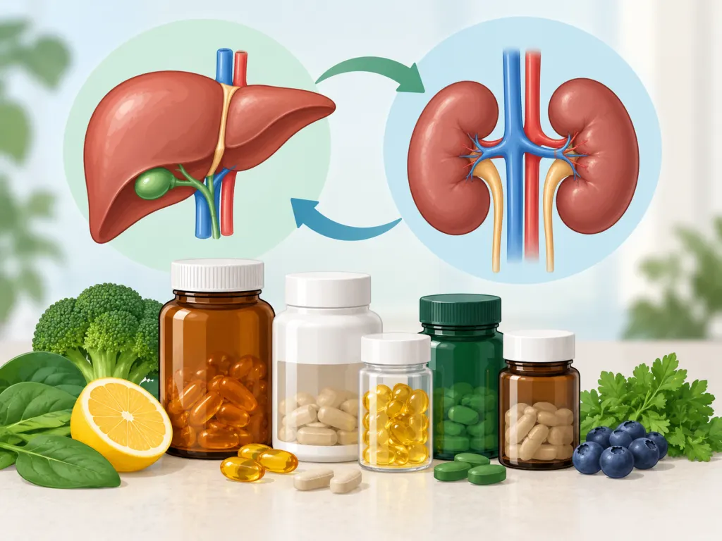 A non-graphic illustration of liver and kidney symbols beside supplement containers.