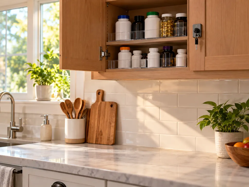 Closed supplement bottles stored securely in a high cabinet.