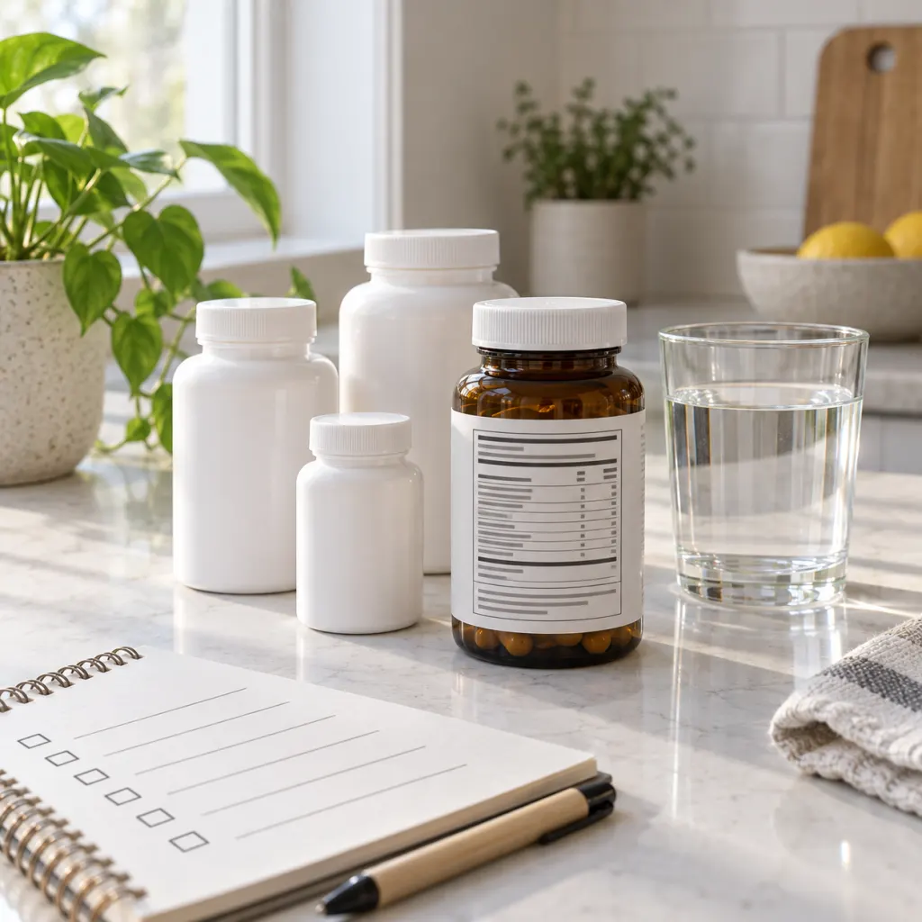 Supplement bottles and a checklist arranged on a clean kitchen counter.