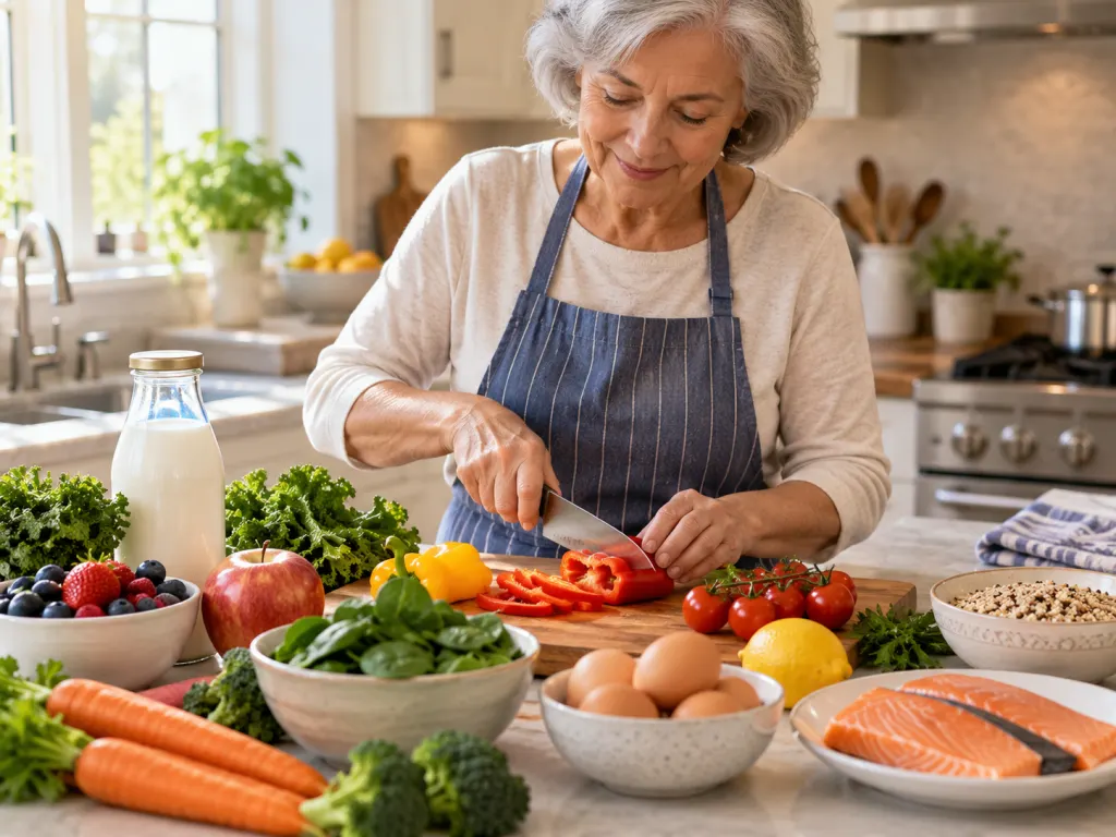 An older adult arranging vitamin-rich foods for a balanced meal.