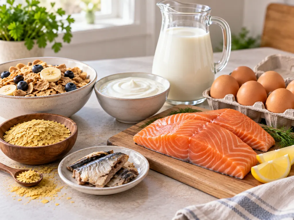 Vitamin D and B12 food sources arranged on a clean table.