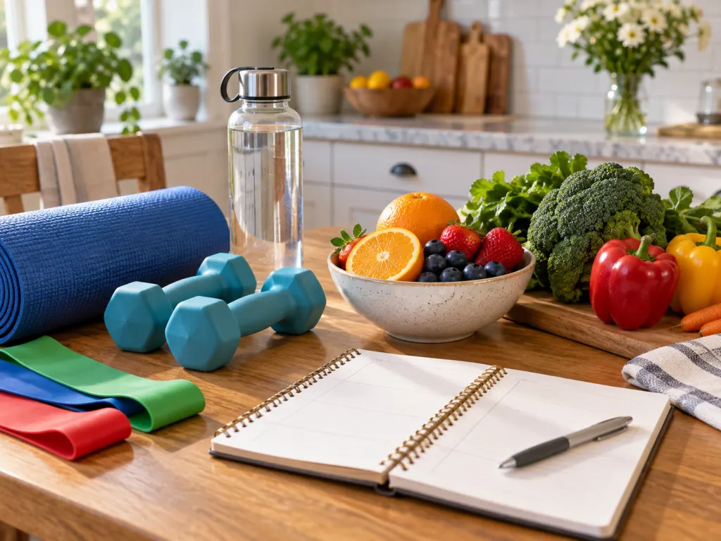 Resistance bands and vitamin C-rich foods arranged for a weekly healthy aging routine.