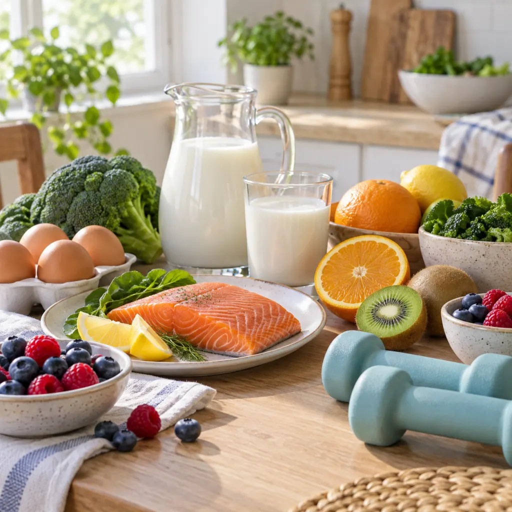 A kitchen table with vitamin-rich foods and light hand weights for healthy aging.