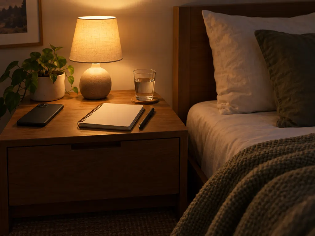 A blank sleep journal and calm bedside setup for noticing sleep patterns.
